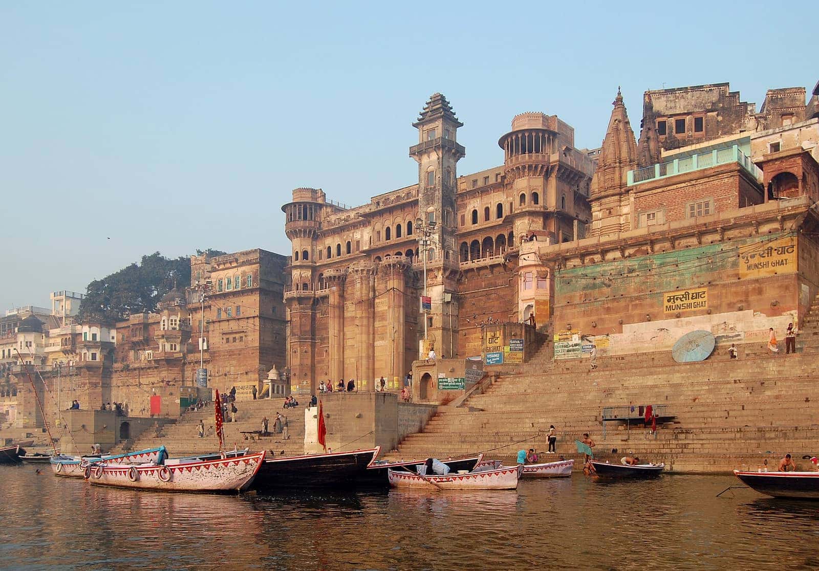 Historic ghats and moored boats along the Ganga in Varanasi